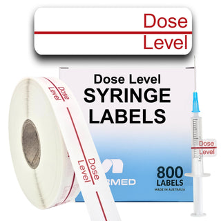 Dose Labels, Clear Vinyl with Red Writing